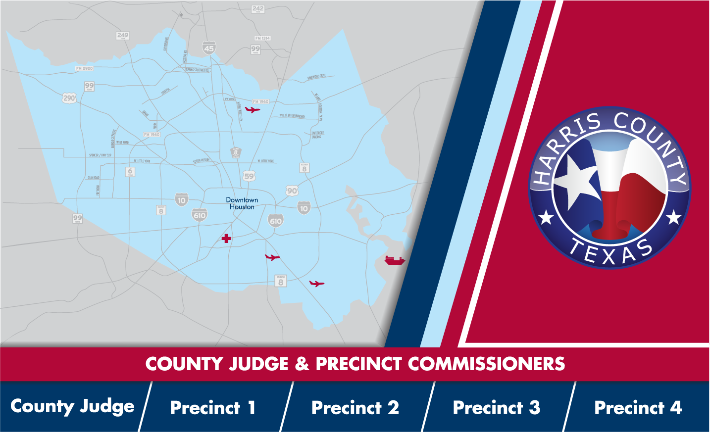 Image map showing the area outline and logo of Harris County